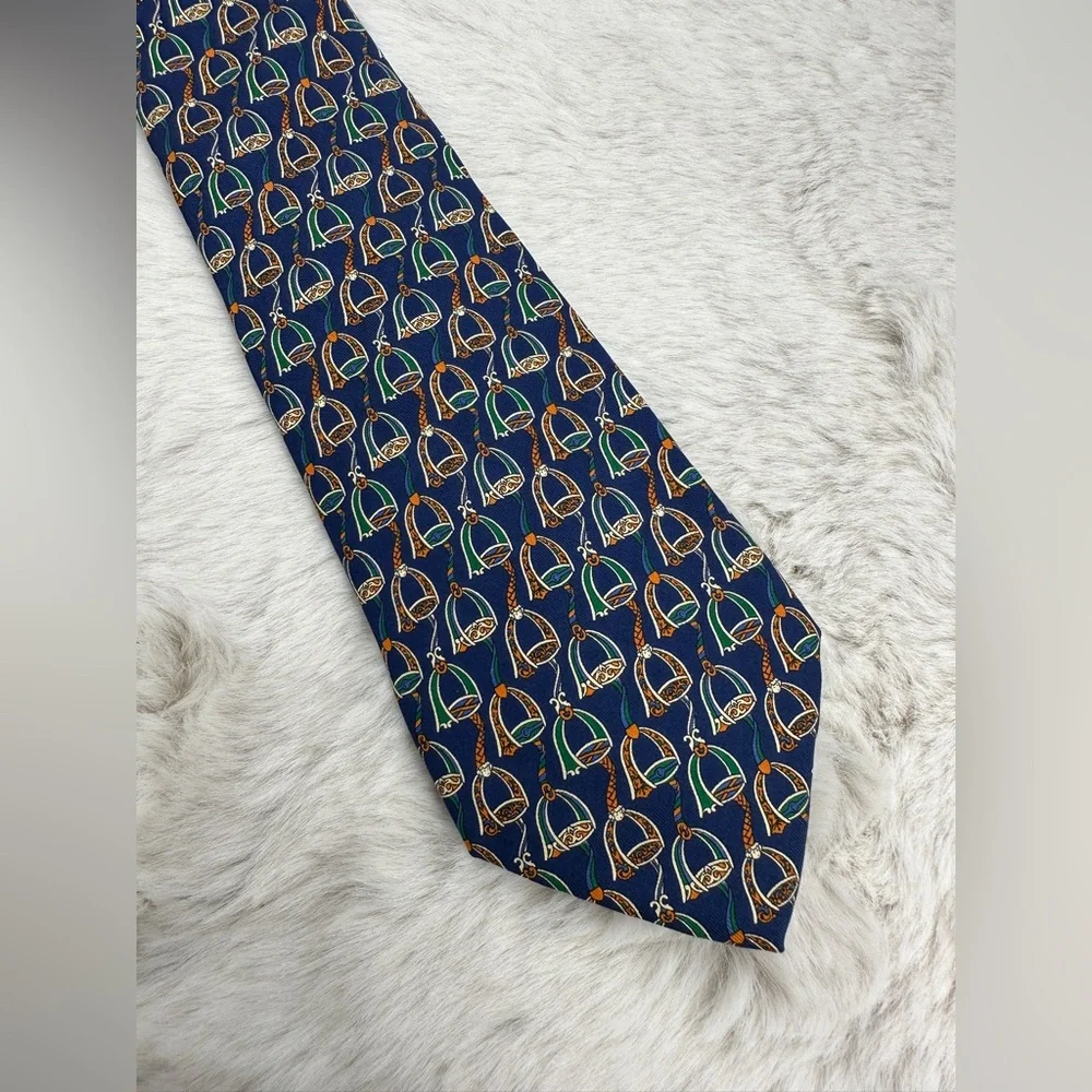 Salvatore Ferragamo Equestrian Silk Tie‎ Navy Green Orange | Made in Italy